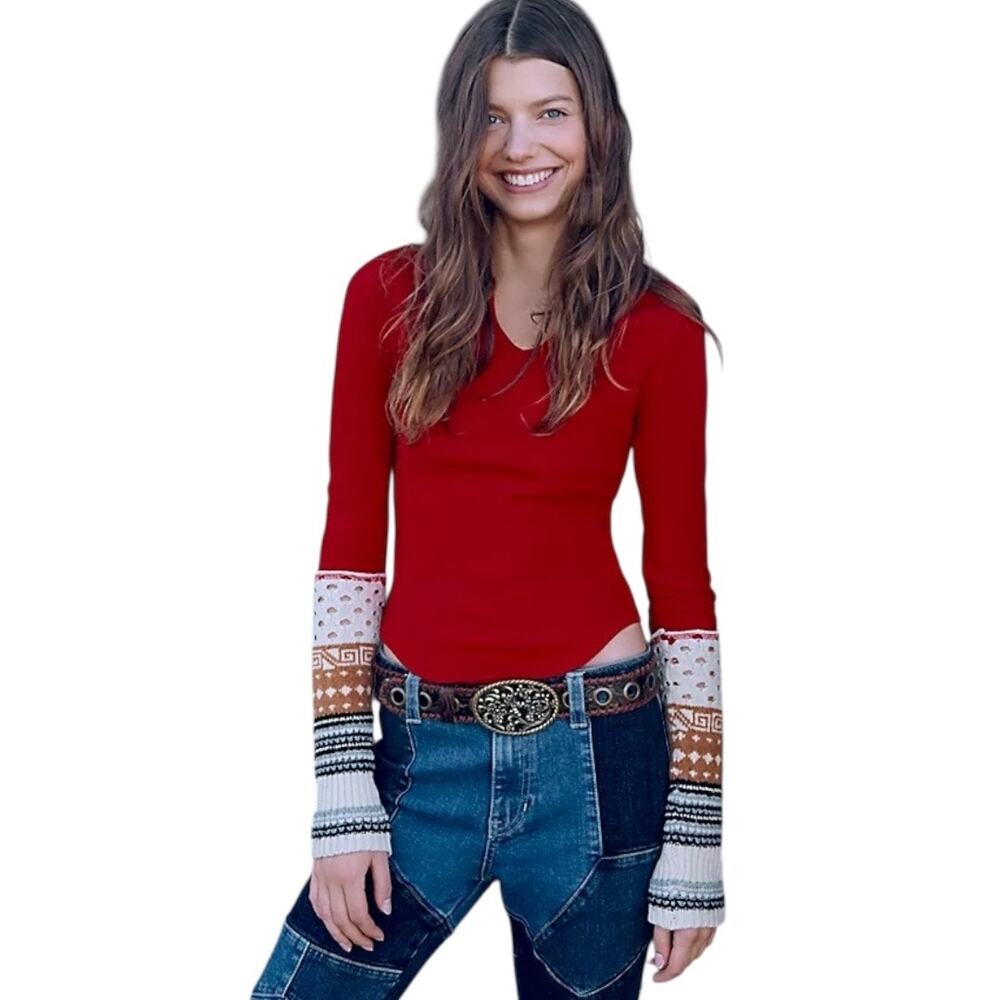 Free People We The Free Crafty Cuff Thermal Medium Red Long Sleeve Top Knit Boho